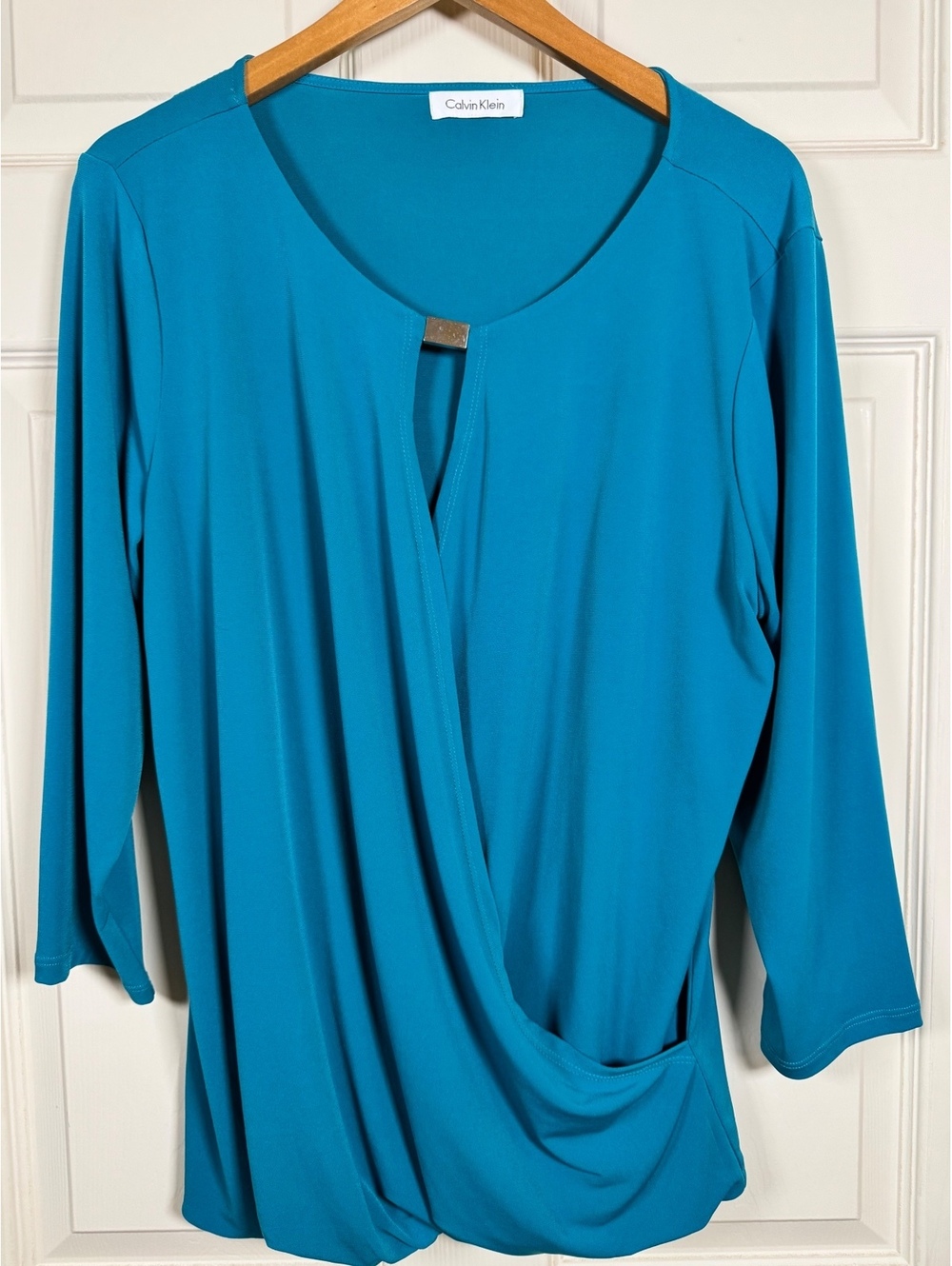 Calvin Klein Teal Blue 3/4 Sleeve Draped Front Blouse